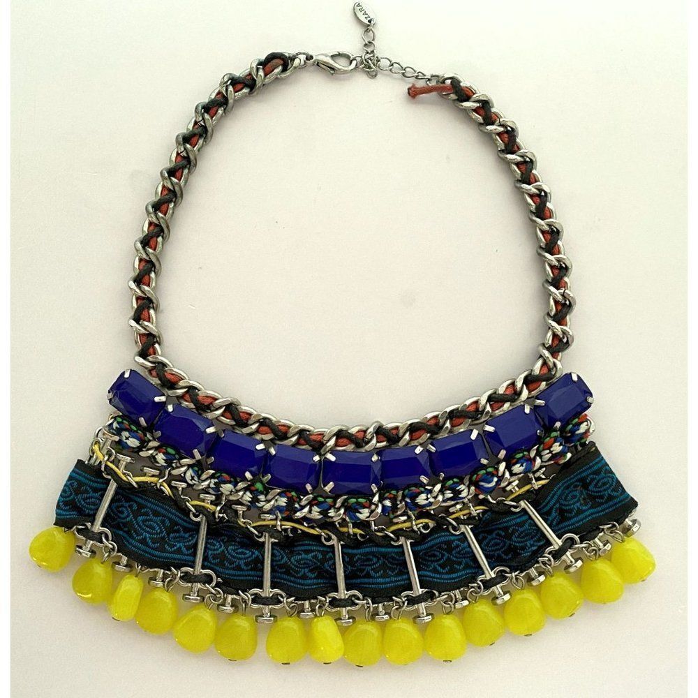 Zara Multicolor Bib Statement Necklace Blue & Yellow Stones Threaded Ribbon Boho